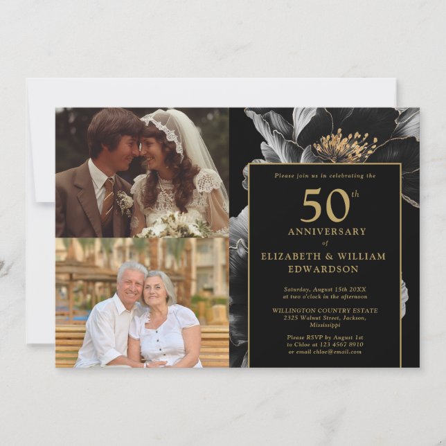 Black And Gold Floral 50th Anniversary 2 Photo Invitation (Front)
