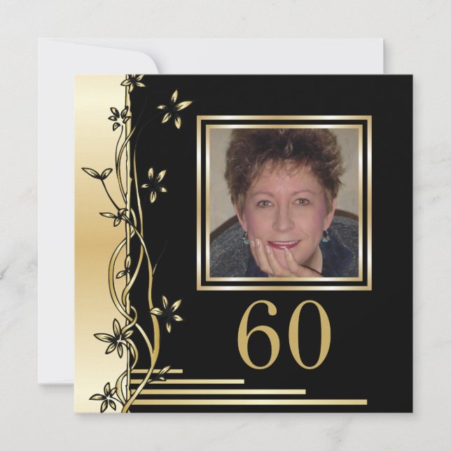 Black and gold floral 60th birthday invitation (Front)