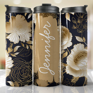 Black and Gold Floral Add Name Custom Gift Thermal Tumbler