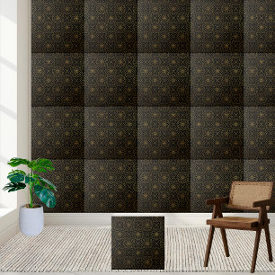 Black and Gold Floral and Cross Geometric Tile 