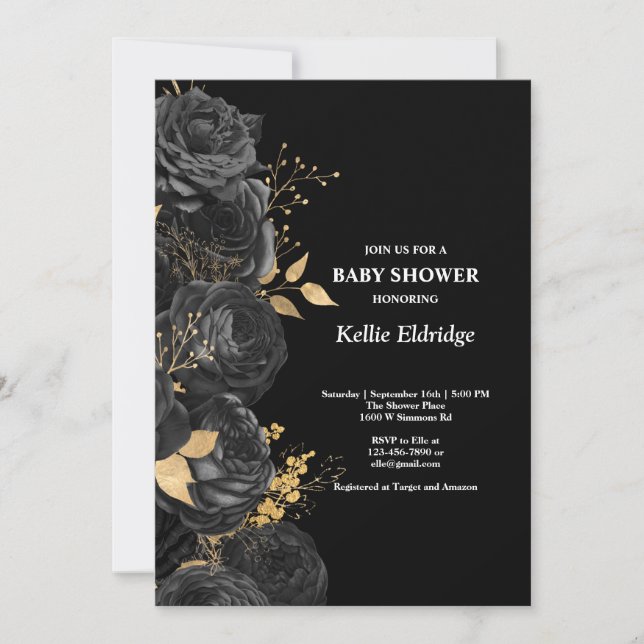 Black And Gold Floral Baby Shower Invitation (Front)