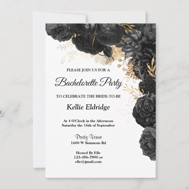 Black And Gold Floral Bachelorette Party Invitation (Front)