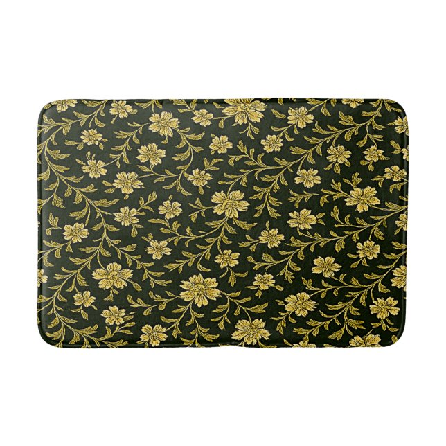 Black and Gold Floral  Bath Mat (Front)