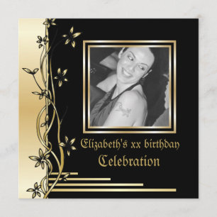 Black and gold floral border birthday invitation