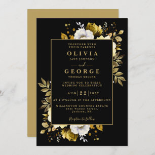 Black And Gold Floral Botanical Modern Wedding Invitation