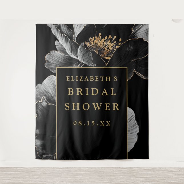 Black And Gold Floral Bridal Shower Photo Backdrop Tapestry (Front)