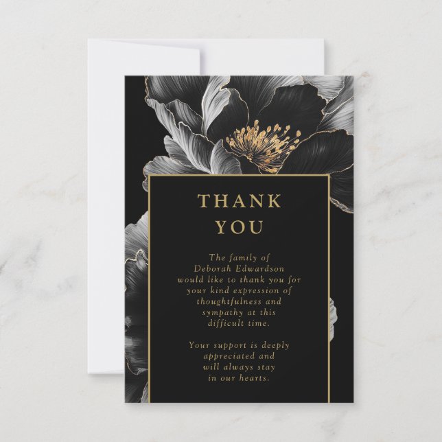 Black And Gold Floral Celebration Of Life Funeral Thank You Card (Front)