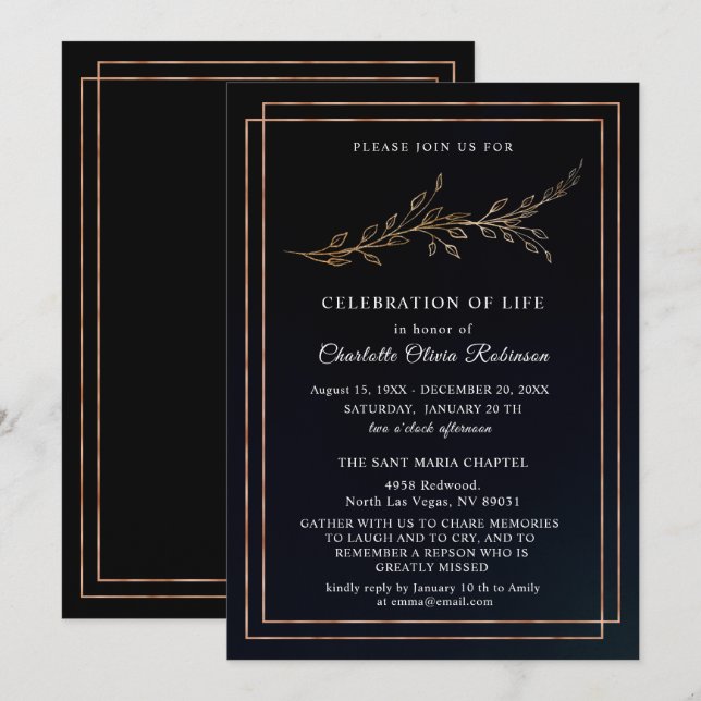 Black and Gold Floral Celebration of life Invite (Front/Back)