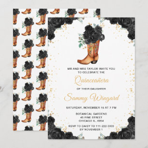 Black and Gold Floral Cowboy Boot Quinceañera Invitation