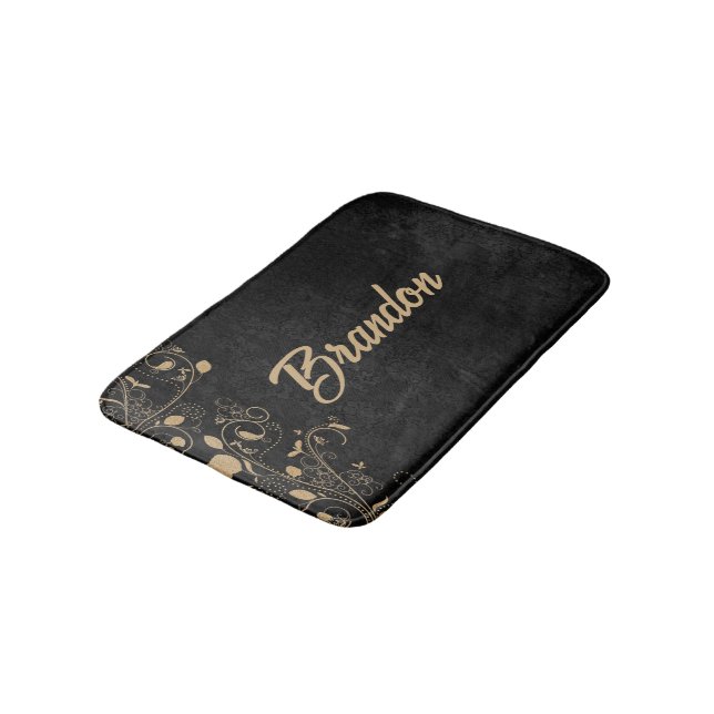 Black and gold floral damask bath mat (Angled)