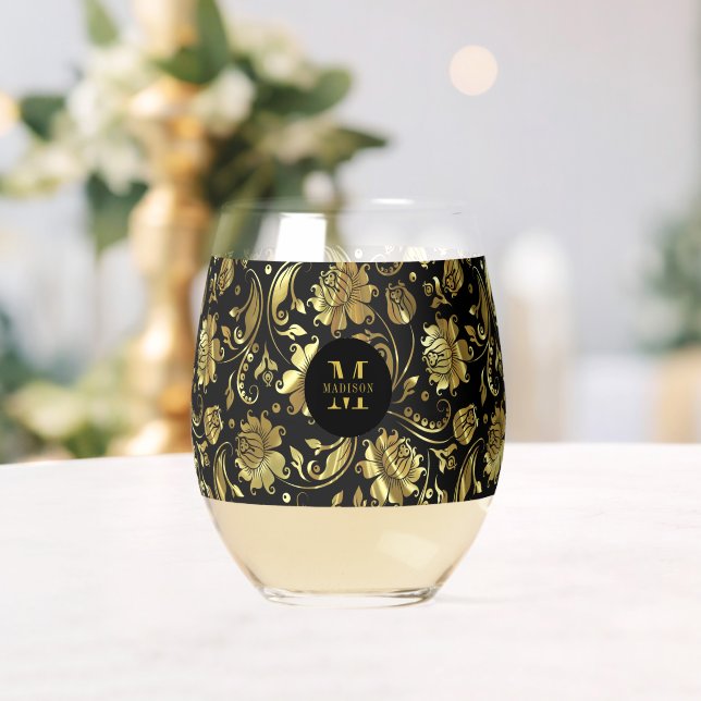 Black and Gold Floral Damask Monogram Stemless Wine Glass (Insitu (Wedding))