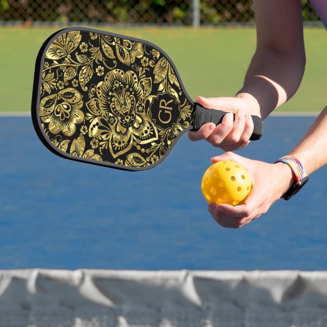 Black and gold floral damask pattern pickleball paddle (Insitu)