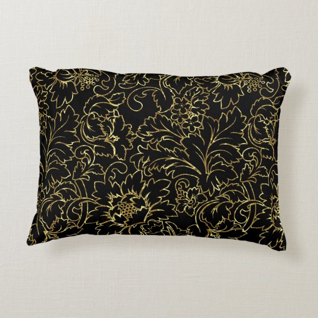 Black And Gold Floral Damasks Decorative Cushion (Back)