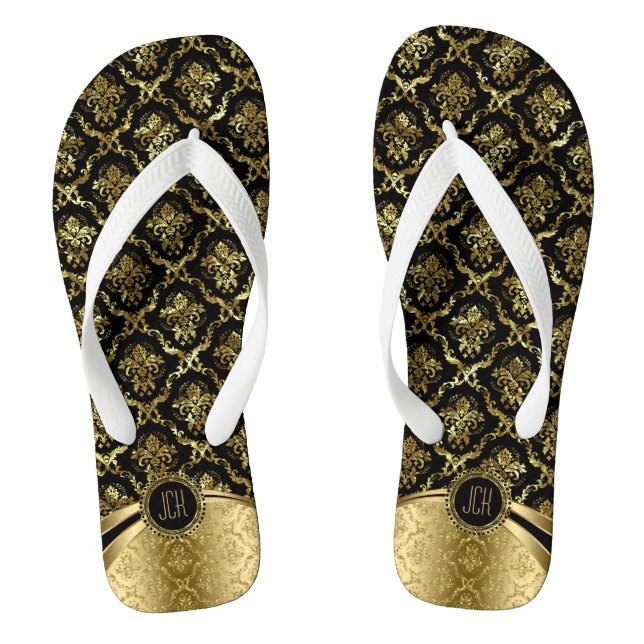 Black And Gold Floral Damasks Flip Flops (Footbed)