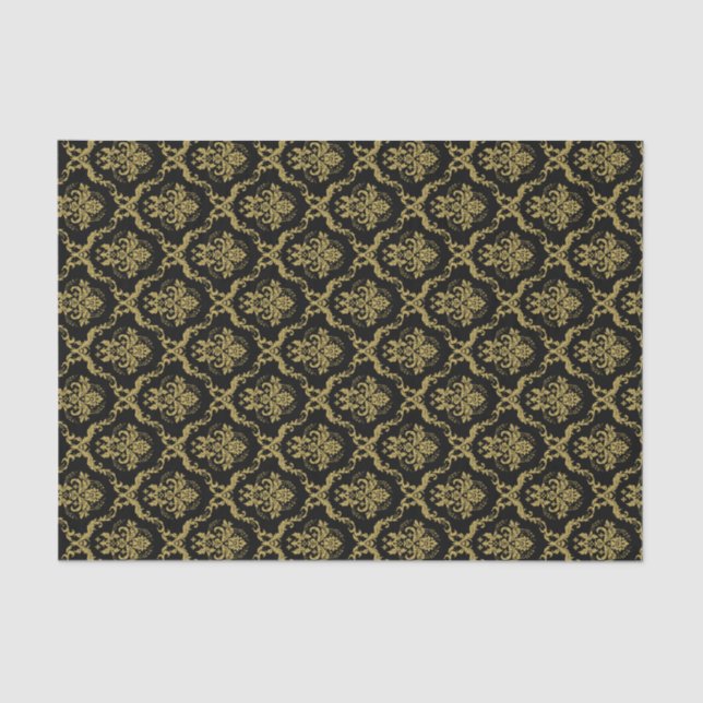 Black And Gold Floral Damasks Lace Pattern Tissue Paper (Front)