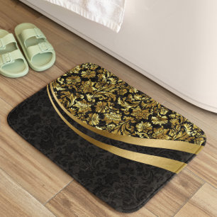 Black And Gold Floral Damasks Pattern Bath Mat