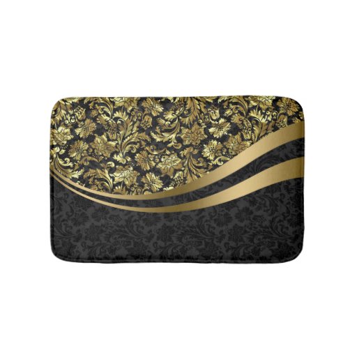 Image of Black And Gold Floral Damasks Pattern Bath Mat