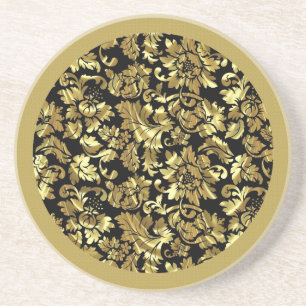 Black And Gold Floral Damasks Pattern Coaster