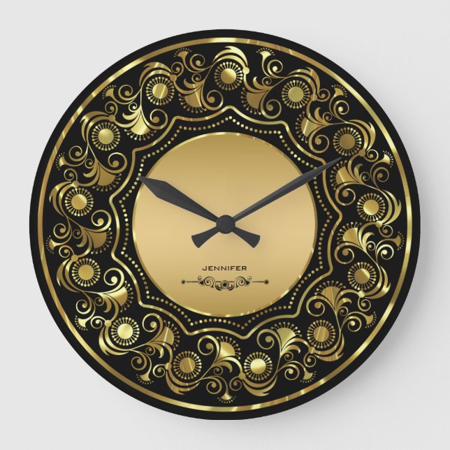 Black And Gold Floral Design Large Clock (Front)