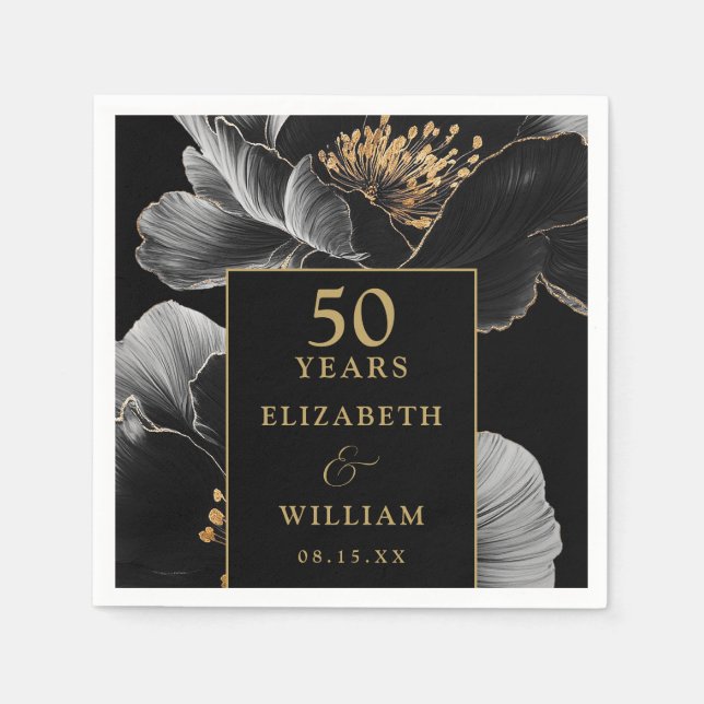 Black And Gold Floral Elegant 50th Anniversary Napkin (Front)