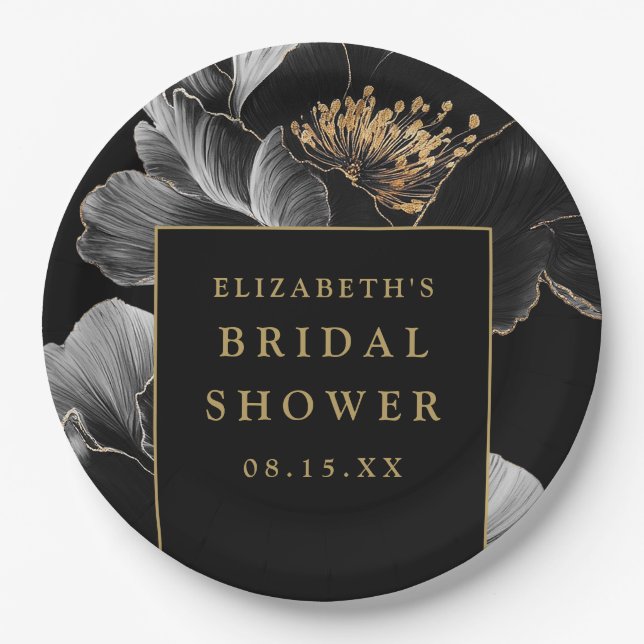 Black And Gold Floral Elegant Modern Bridal Shower Paper Plate (Front)