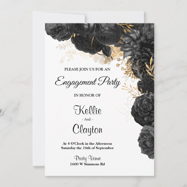 Black And Gold Floral Engagement Party Invitation (Front)