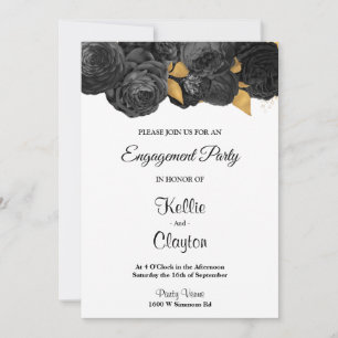 Black And Gold Floral Engagement Party Invitation