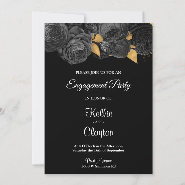 Black And Gold Floral Engagement Party Invitation (Front)