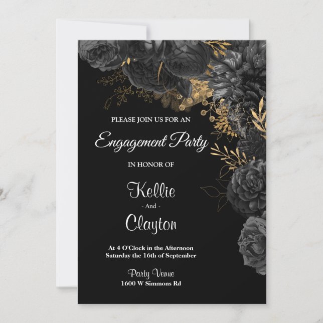 Black And Gold Floral Engagement Party Invitation (Front)
