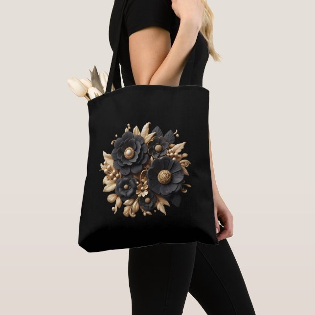 Black and Gold Floral/Flowers Tote (Close Up)