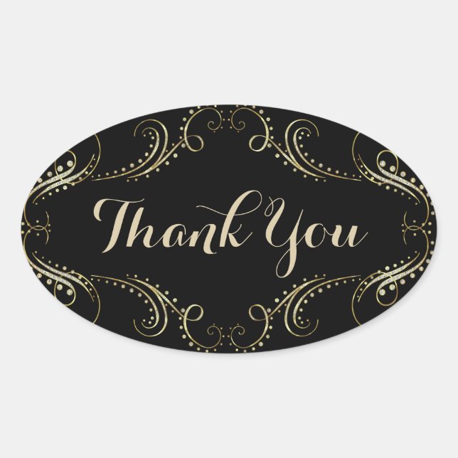 Black And Gold Floral Frame Thank You Oval Sticker (Front)