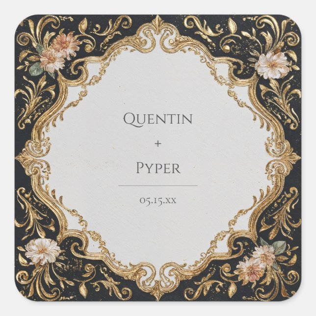 Black and Gold Floral Frame Wedding Sticker (Front)