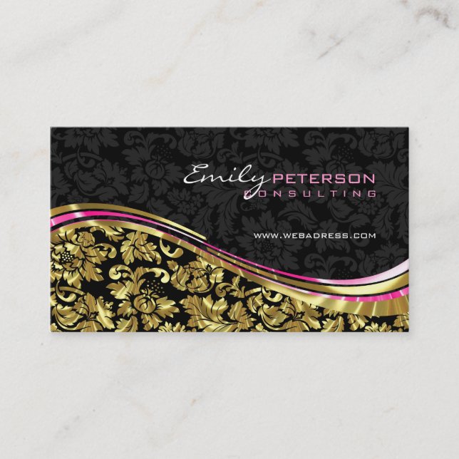 Black And Gold Floral Girly Damasks Business Card (Front)