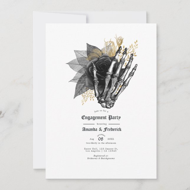 Black and Gold Floral Gothic Engagement Party Invitation (Front)