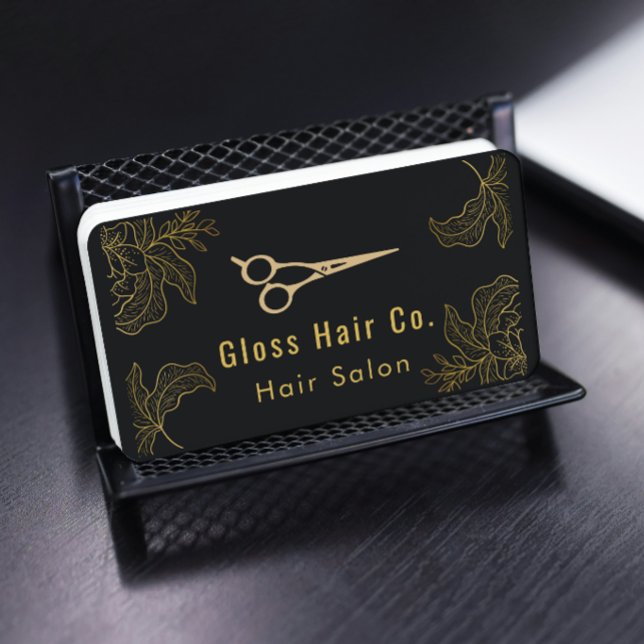 Black and Gold Floral Hair Salon Elegant Luxury Business Card (Creator Uploaded)