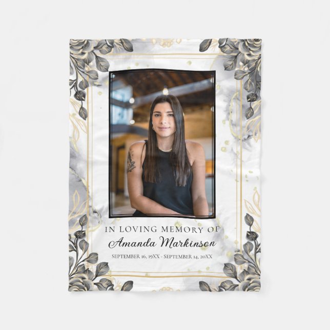 Black and Gold Floral Marble Loving Memory Funeral Fleece Blanket (Front)