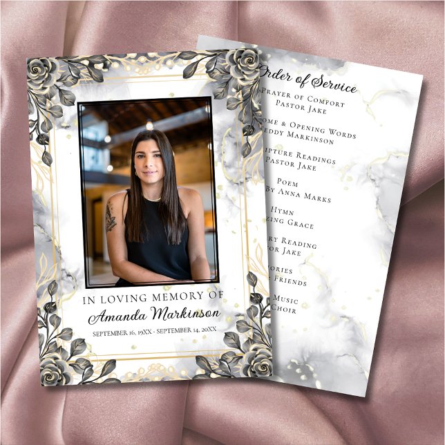 Black and Gold Floral Marble Order of Service Programme (Creator Uploaded)