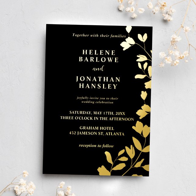 Black And Gold Floral Modern Elegant Wedding (Black And Gold Floral Modern Elegant Wedding Foil Invitation)