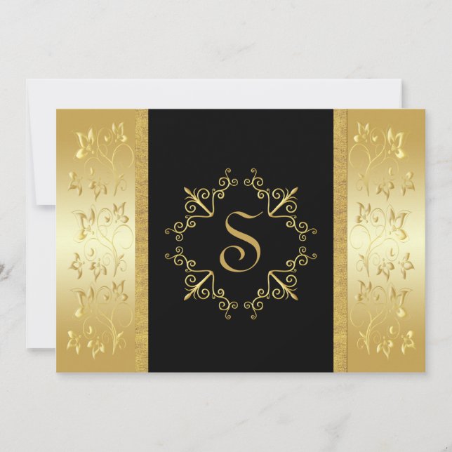 Black and Gold Floral Monogrammed Invitation (Front)