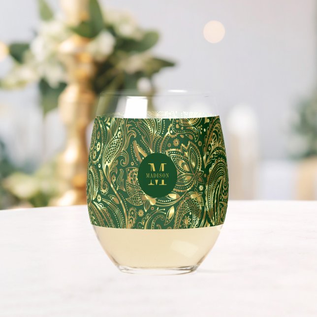 Black and Gold Floral Paisley Monogram Stemless Wine Glass (Insitu (Wedding))