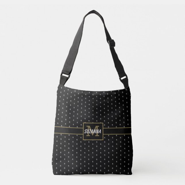 Black and Gold Floral Pattern Monogram Crossbody Bag (Front)