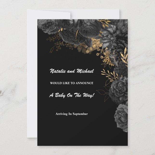 Black And Gold Floral Pregnancy Announcement (Front)