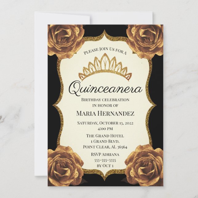 Black and Gold Floral Quinceanera Birthday Invitation (Front)