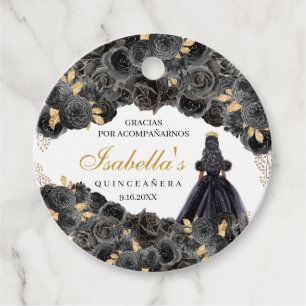 Black and Gold Floral Quinceanera Circle Favour Ta Tags