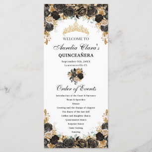 Black and Gold Floral Quinceañera Order Events Programme