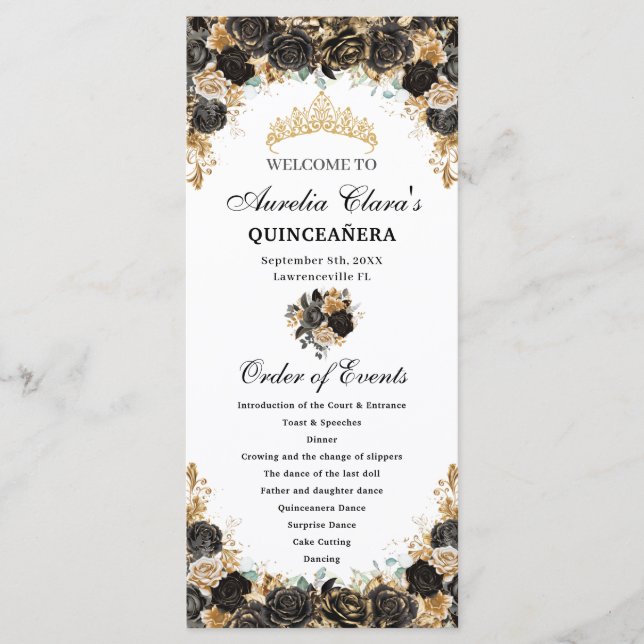 Black and Gold Floral Quinceañera Order Events Programme (Front)
