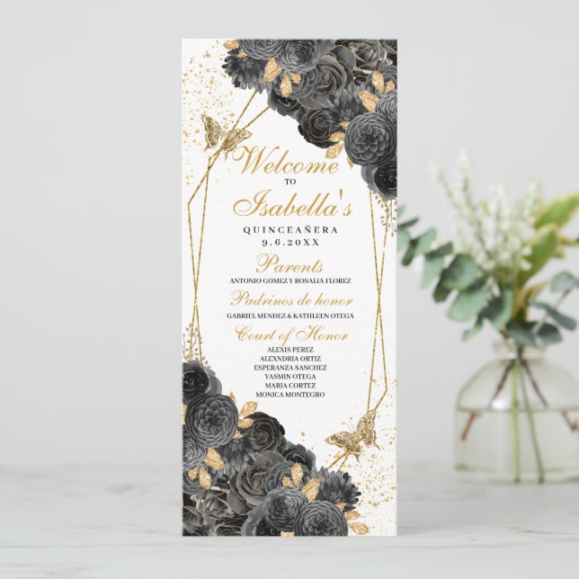 Black and Gold Floral Quinceanera Program Invitation (Standing Front)