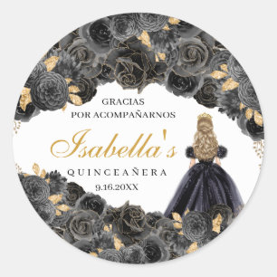 Black and Gold Floral Quinceanera Round Stickers