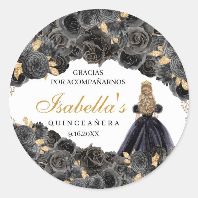 Black and Gold Floral Quinceanera Round Stickers (Front)