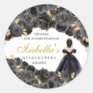 Black and Gold Floral Quinceanera Round Stickers